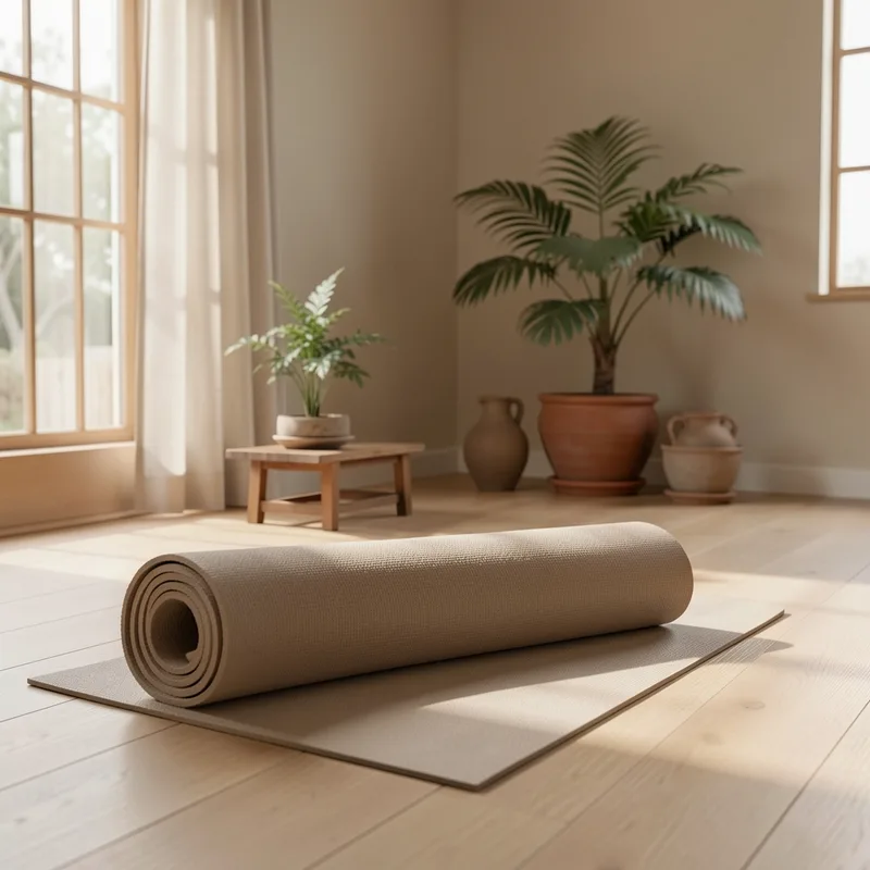 Tapis de yoga déroulé près d'une fenêtre lumineuse avec coussin de méditation et plante verte